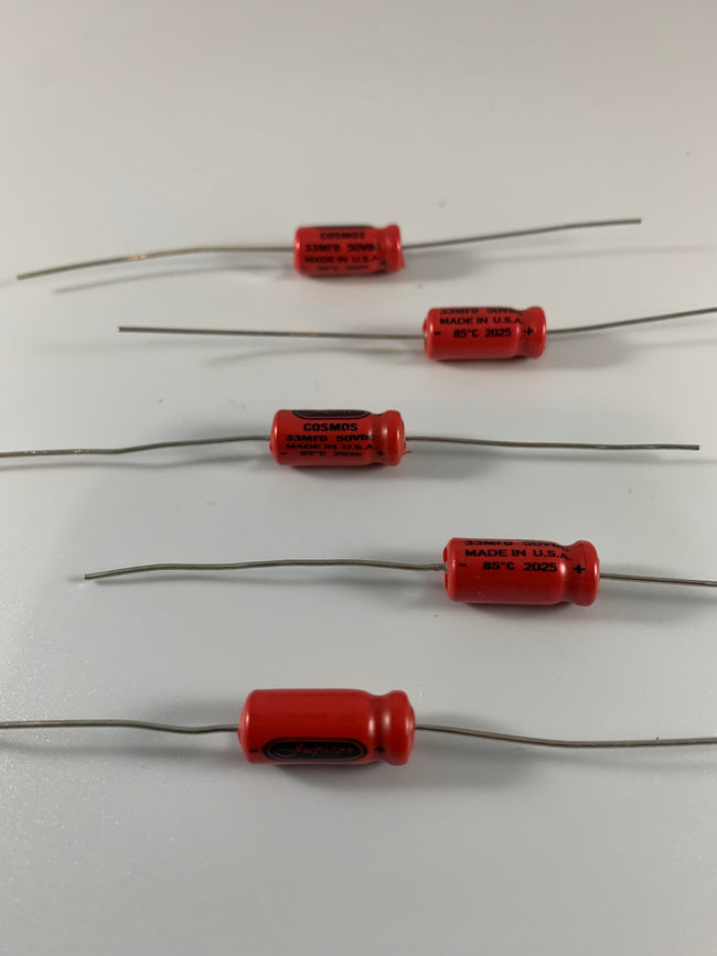 Jupiter Condenser 22uF @ 500VDC Cosmos Electrolytic Axial Capacitor New used in audio amplifier, guitar amplifier and Pro Audio application, Jupiter Condenser 33uF @ 50VDC Cosmos Electrolytic Axial Capacitor New used in audio amplifier, guitar amplifier and Pro Audio application,